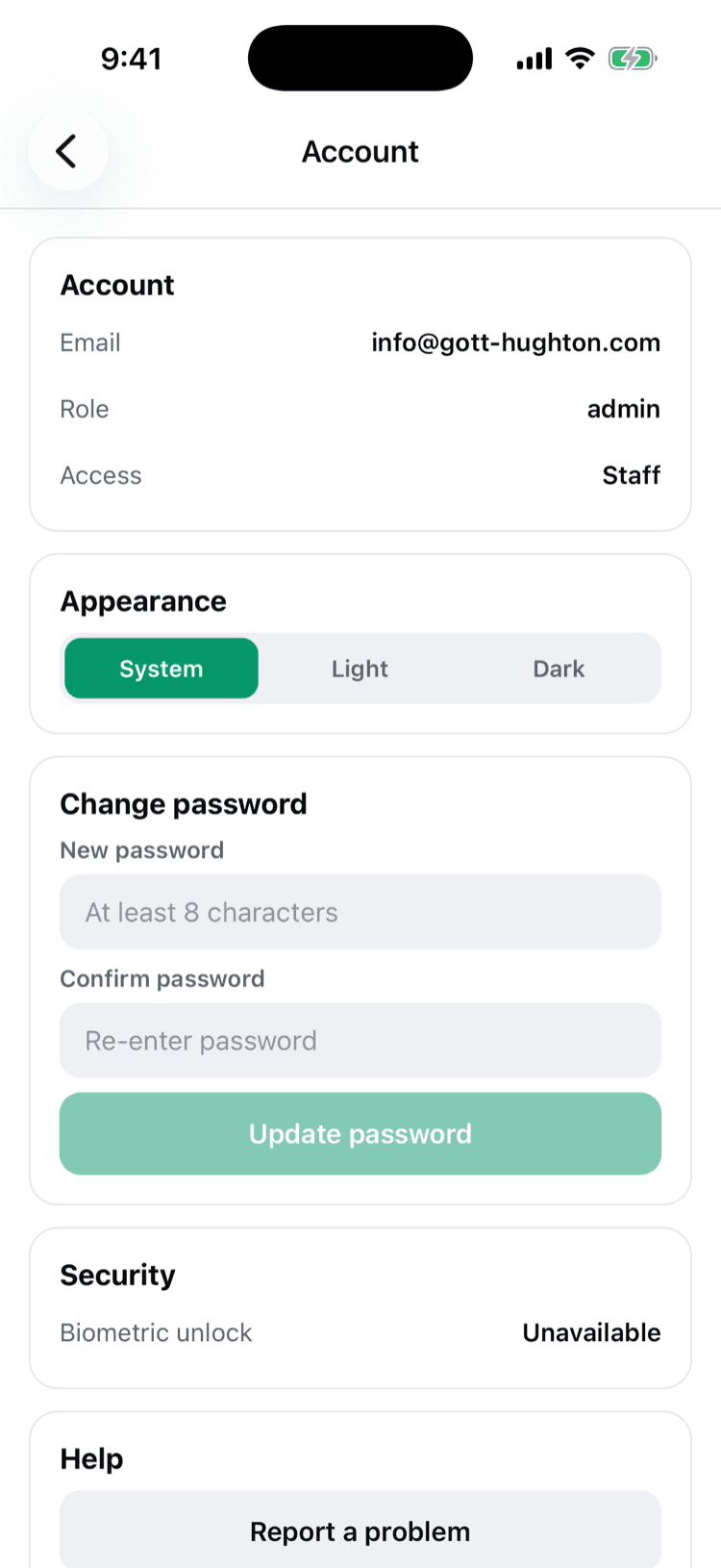 The iPhone app's Account tab with appearance, password, and security settings