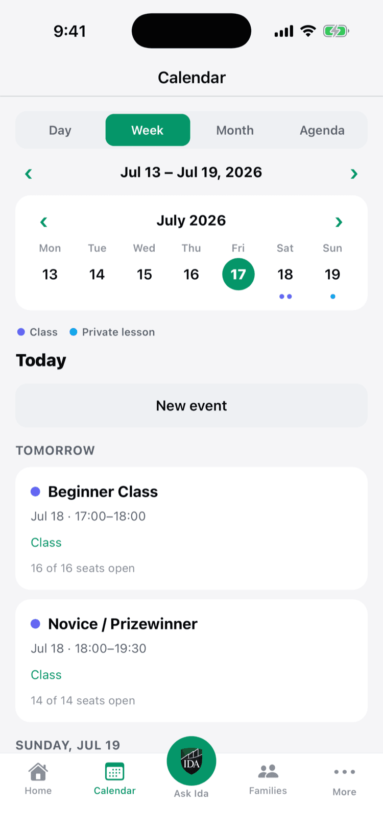 The live calendar on the Ida OS iPhone app with the week's classes and open seats