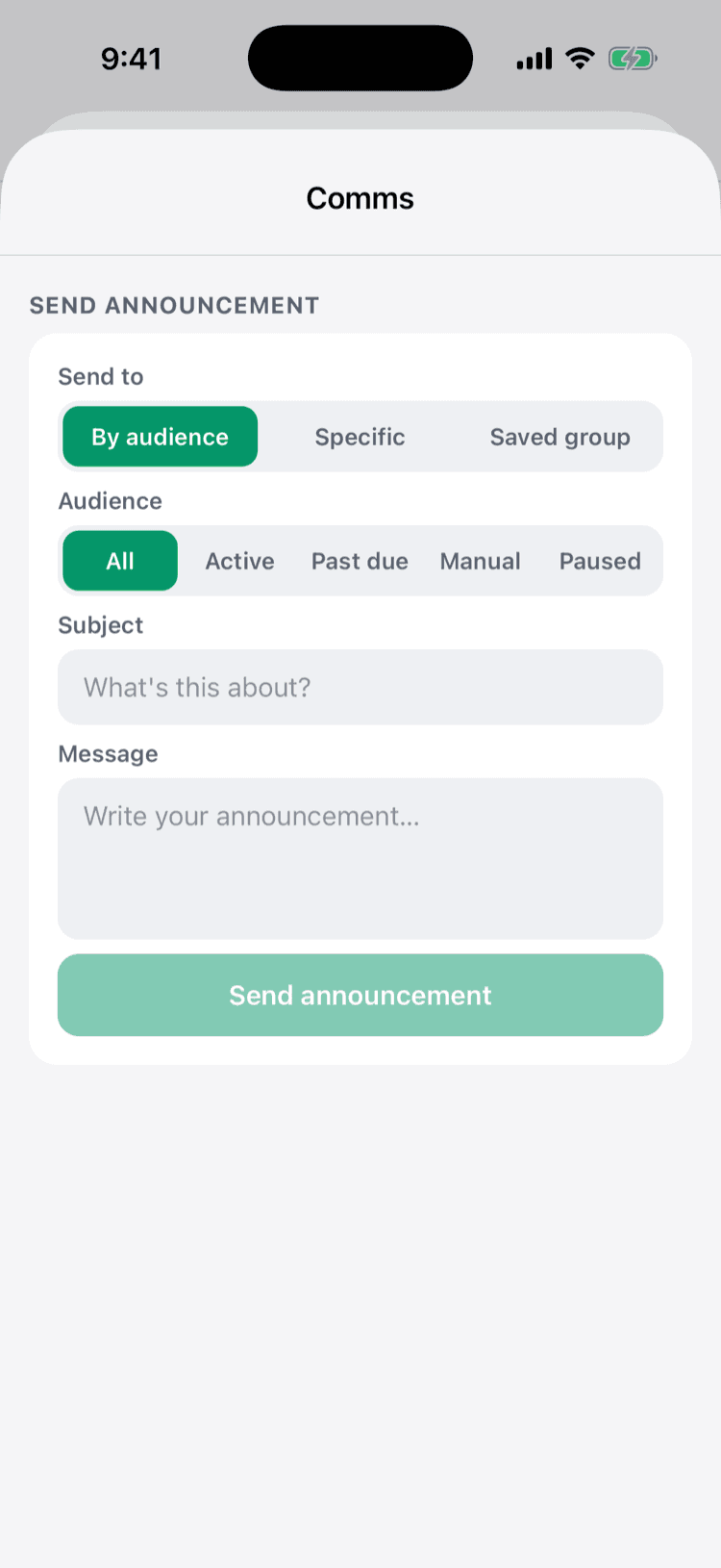 The announcement composer on the Ida OS iPhone app