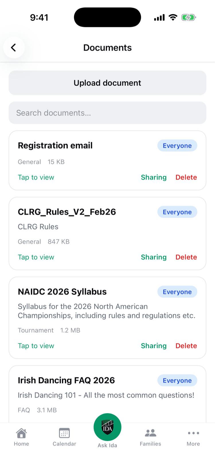 The iPhone app's Documents screen with upload, search, and the studio's shared files