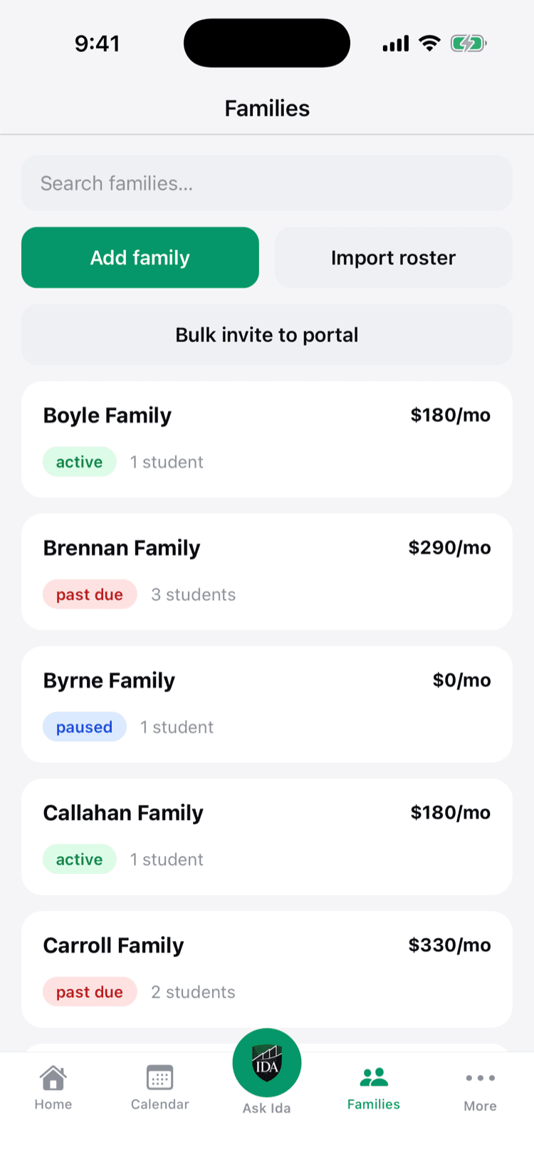 The families roster on the Ida OS iPhone app