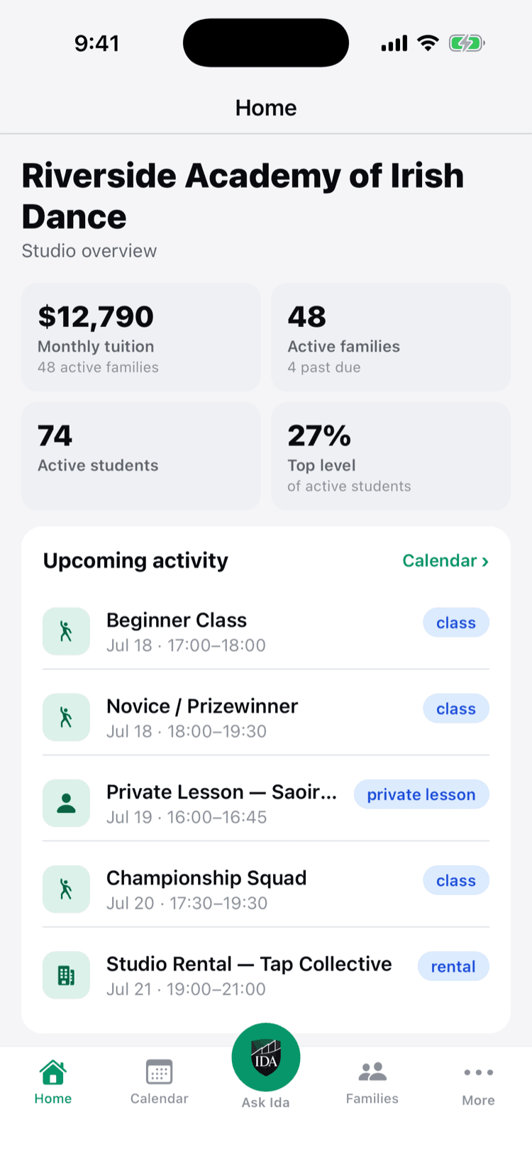 The Ida OS iPhone app home screen: studio overview stats and upcoming activity