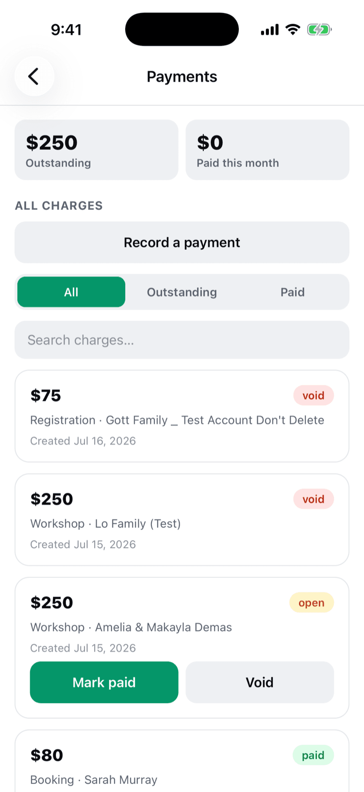 The payments ledger on the Ida OS iPhone app