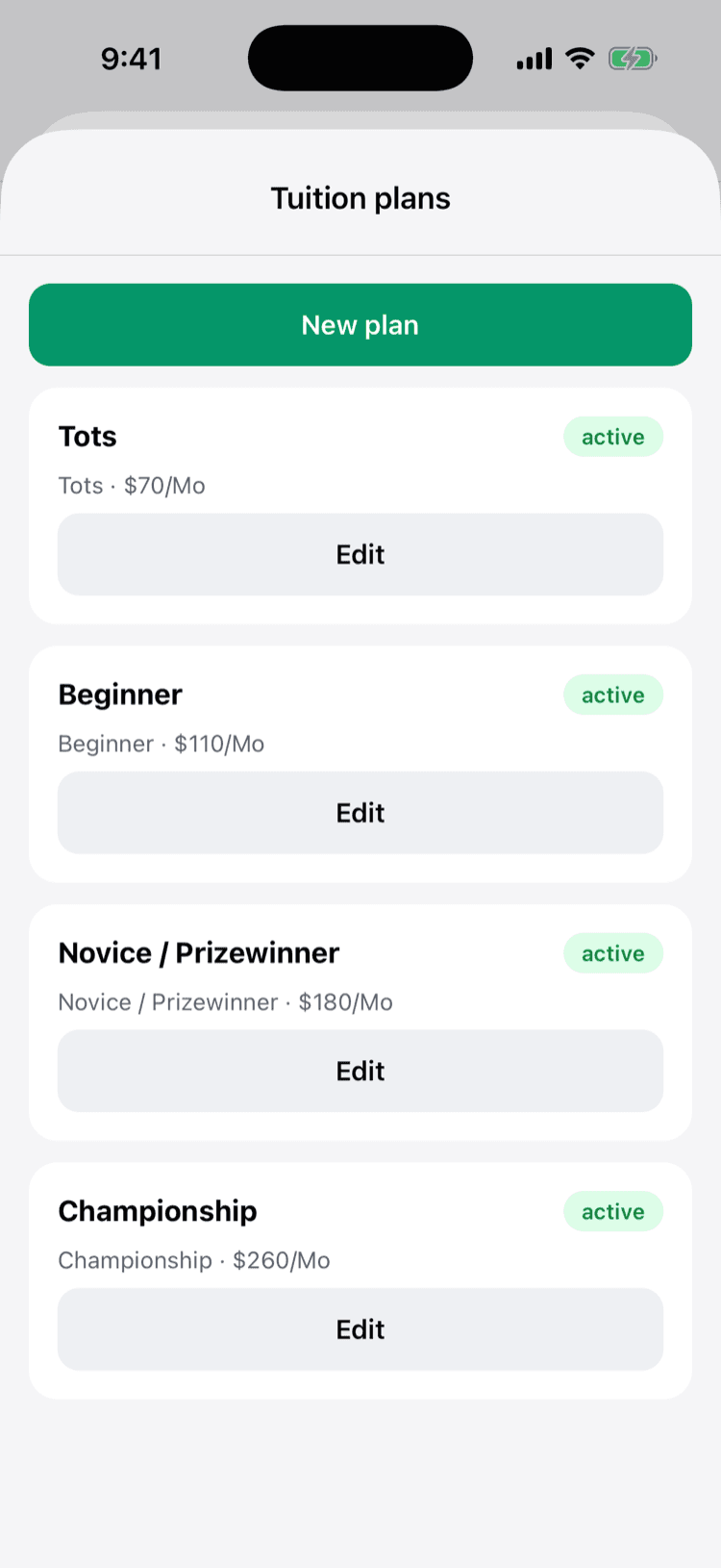 The iPhone app's Tuition plans screen listing each level's monthly price with edit actions