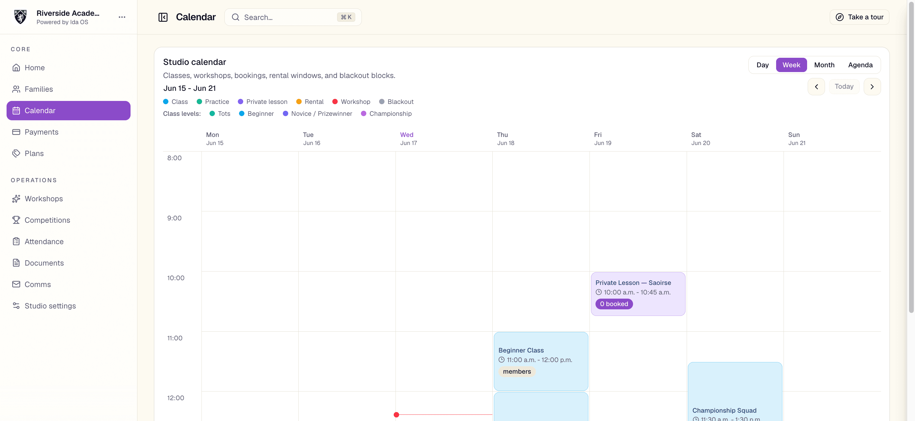 The Ida OS studio calendar showing classes, private lessons, and rentals across the week