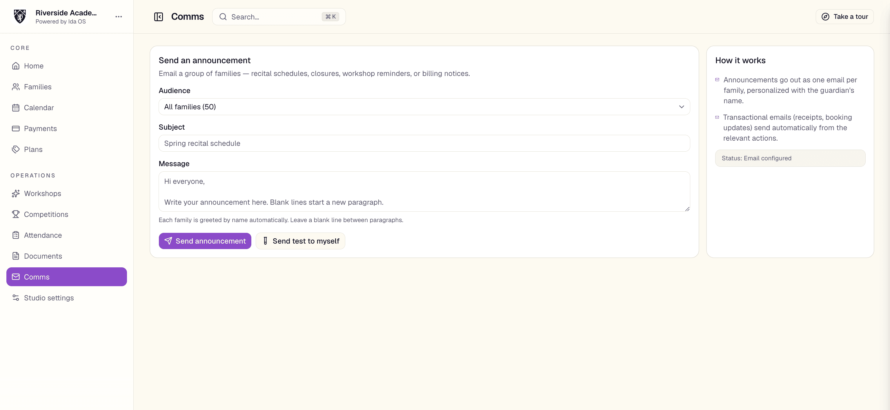 The Ida OS comms composer addressing all families with a personalized announcement