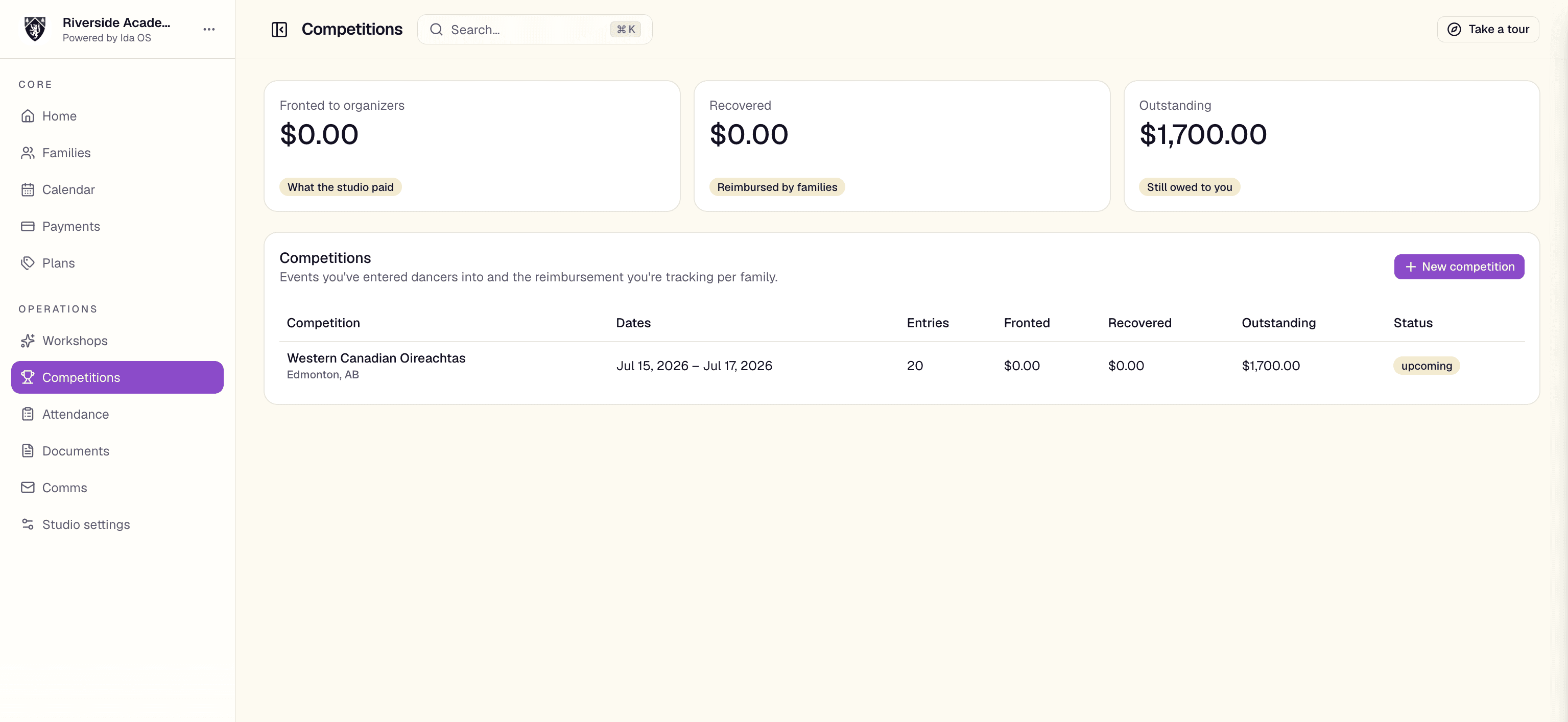 The Ida OS competitions page tracking entries, fees, and outstanding balances per event
