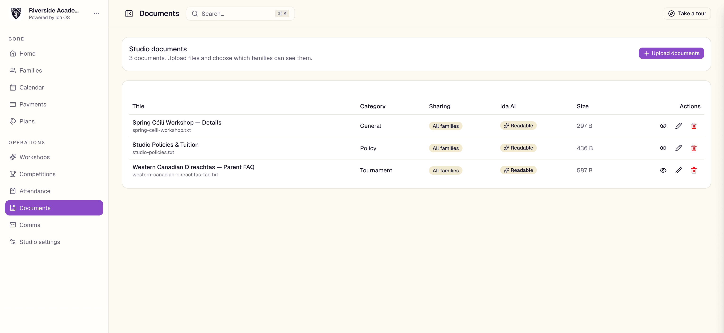The documents library listing files with their category, who they are shared with, and an Ida AI readable indicator