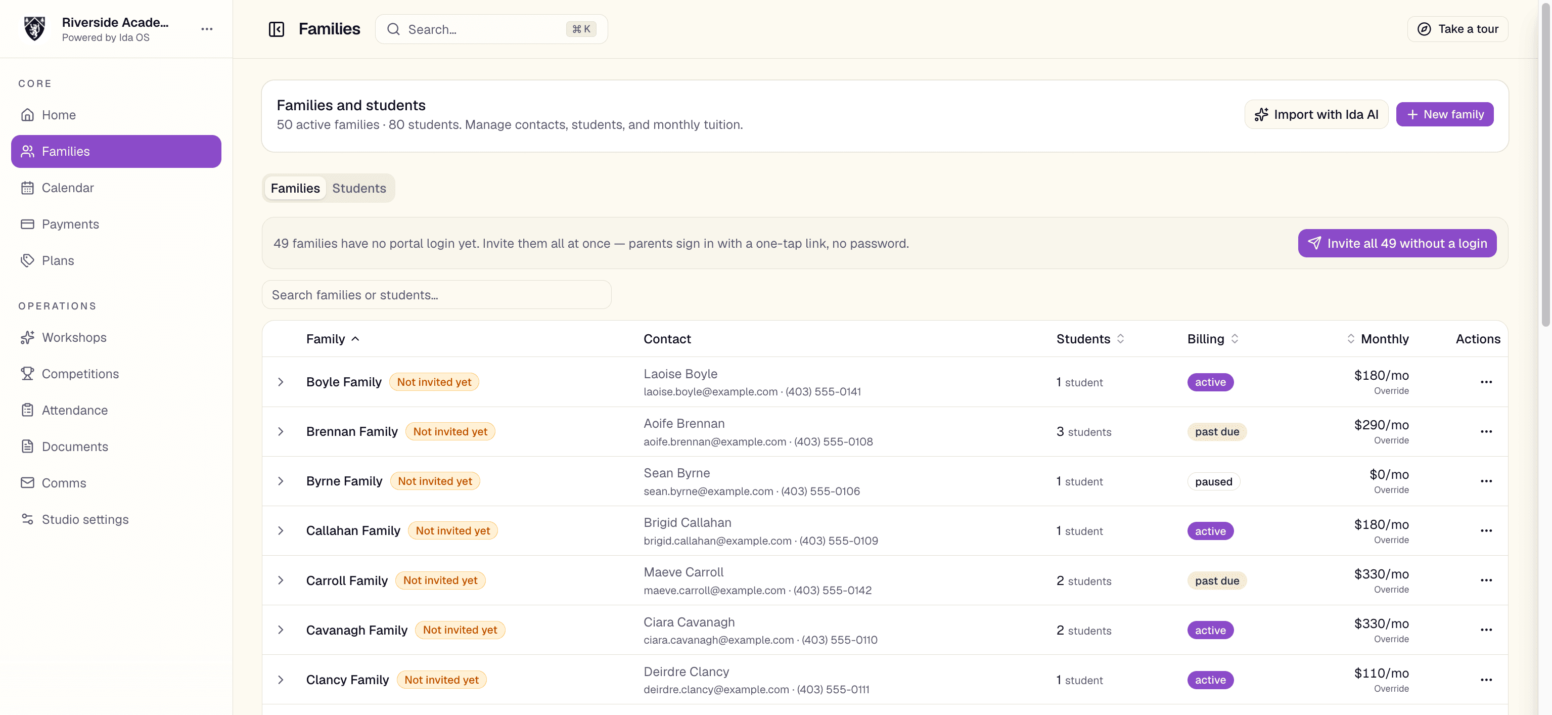 The Ida OS families roster showing contacts, students, billing status, and bulk portal invites