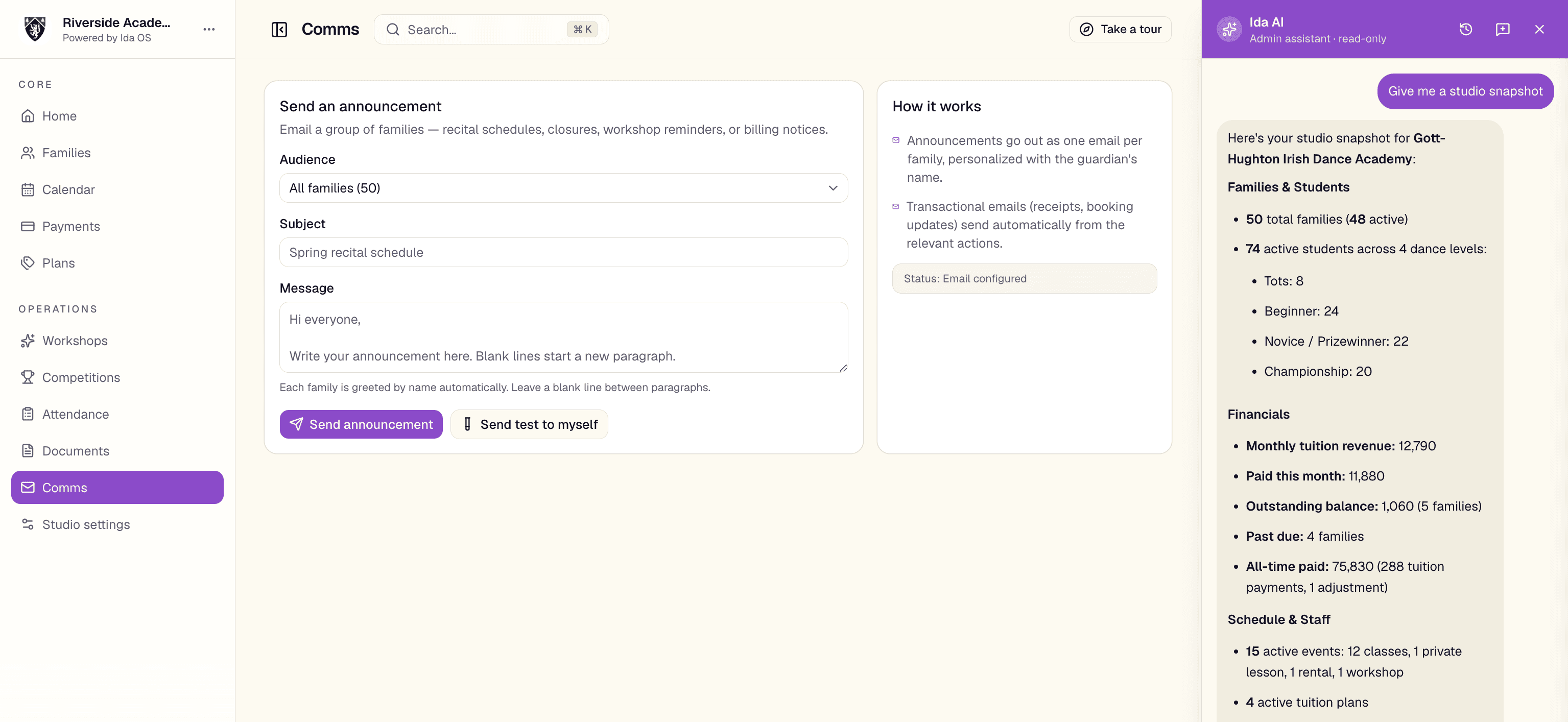 The Ida AI assistant giving a studio owner a full snapshot of families, financials, and schedule