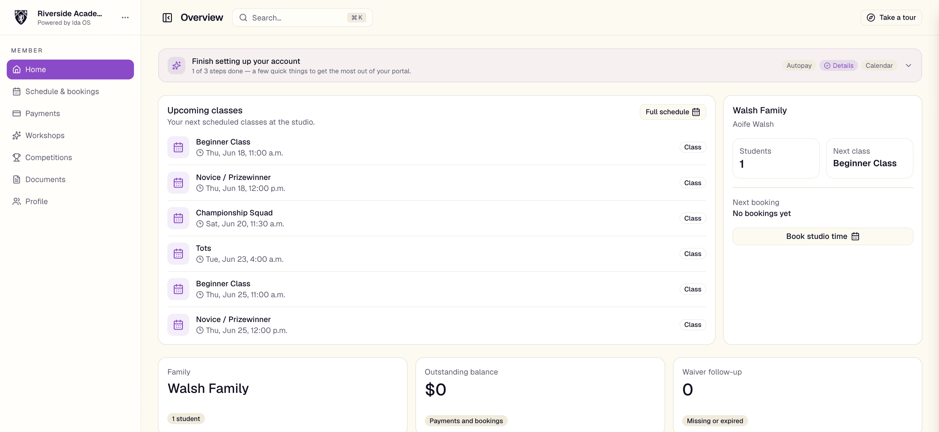 A family's Ida OS portal showing classes, balance, students, and actions