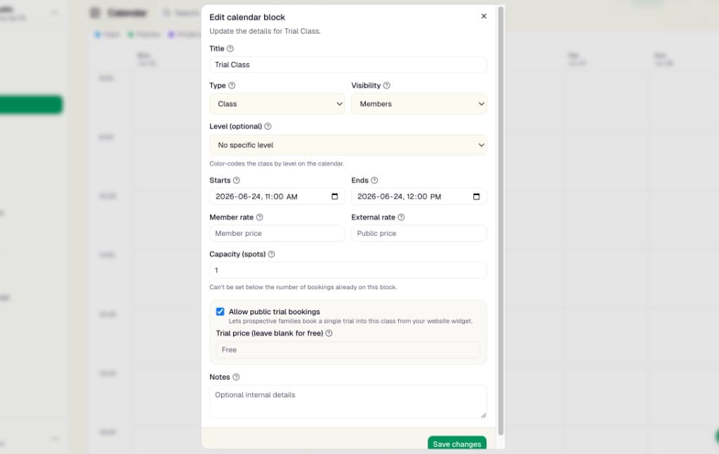 The Ida OS calendar edit dialog with 'Allow public trial bookings' enabled and a trial price field