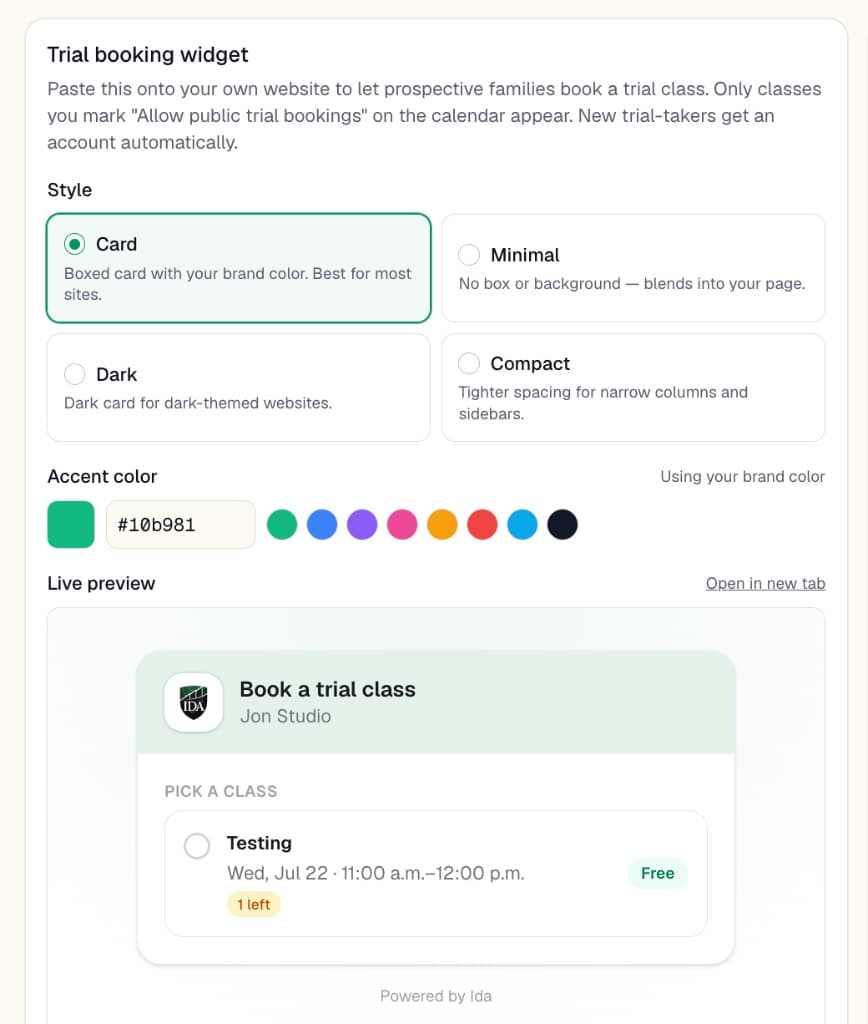 The trial booking widget settings, with style and color options and a live preview