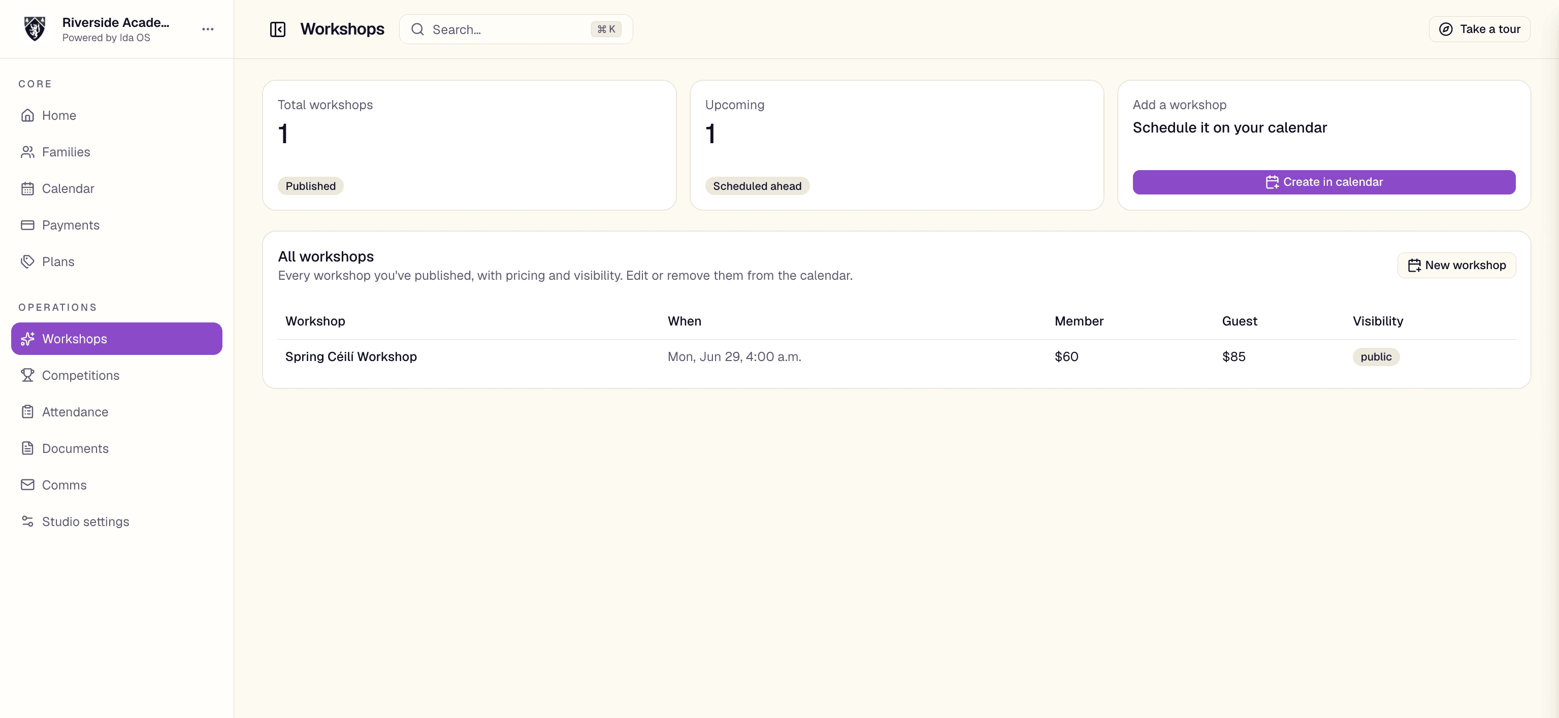 The Ida OS workshops page showing a published workshop with member and guest pricing
